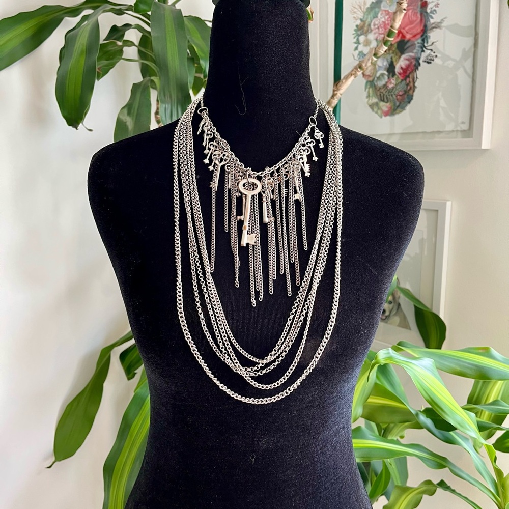 Silver Multi-Layered Necklace with Key Charms